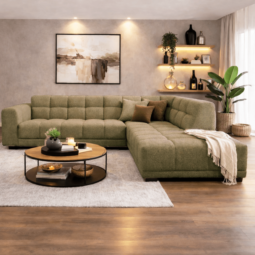 Sofá esquinero con salón en tela bouclé verde oliva Nova - derecha