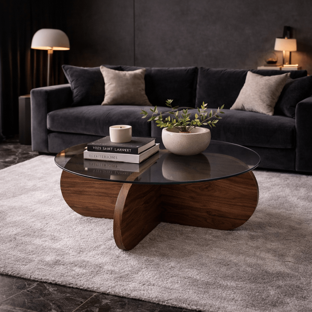 Mesa de centro redonda de vidrio Aris - Estructura de melamina de nogal