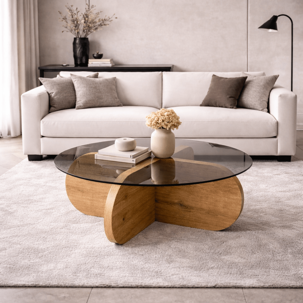 Salontafels - Ronde salontafel Aris eiken look melamine en rookglas 75 cm - Dimehouse