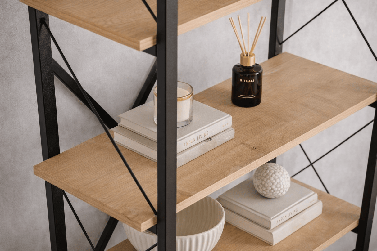 Boekenkasten - Industriële boekenkast eiken melamine Ely - zwart frame - 180x90 cm - Dimehouse