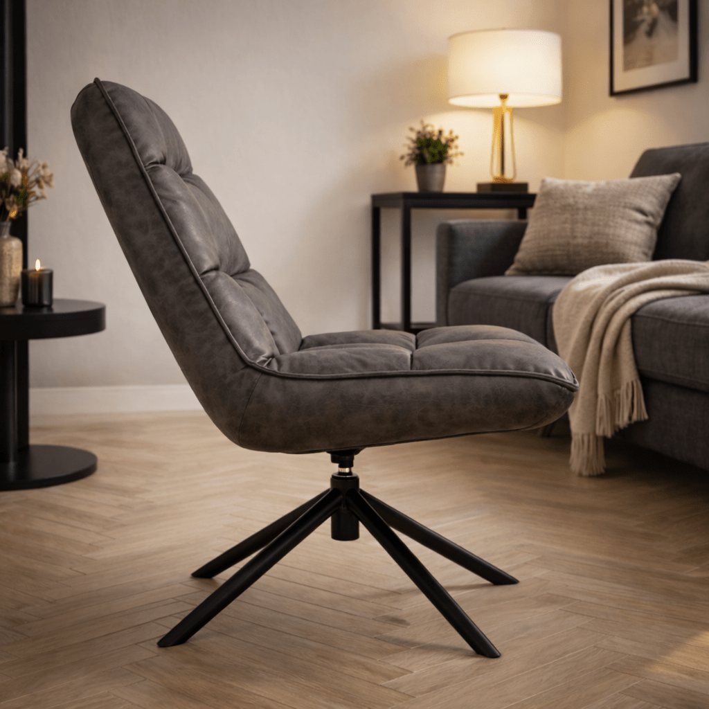 Fauteuils - Industriële draaifauteuil antraciet eco - leer 360° draaibaar Yuki - Dimehouse