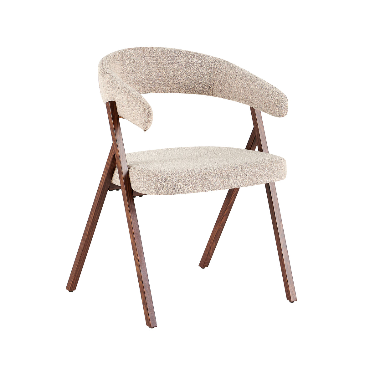 Silla de comedor Japandi bouclé color arena Miyu - estructura de nogal - con reposabrazos