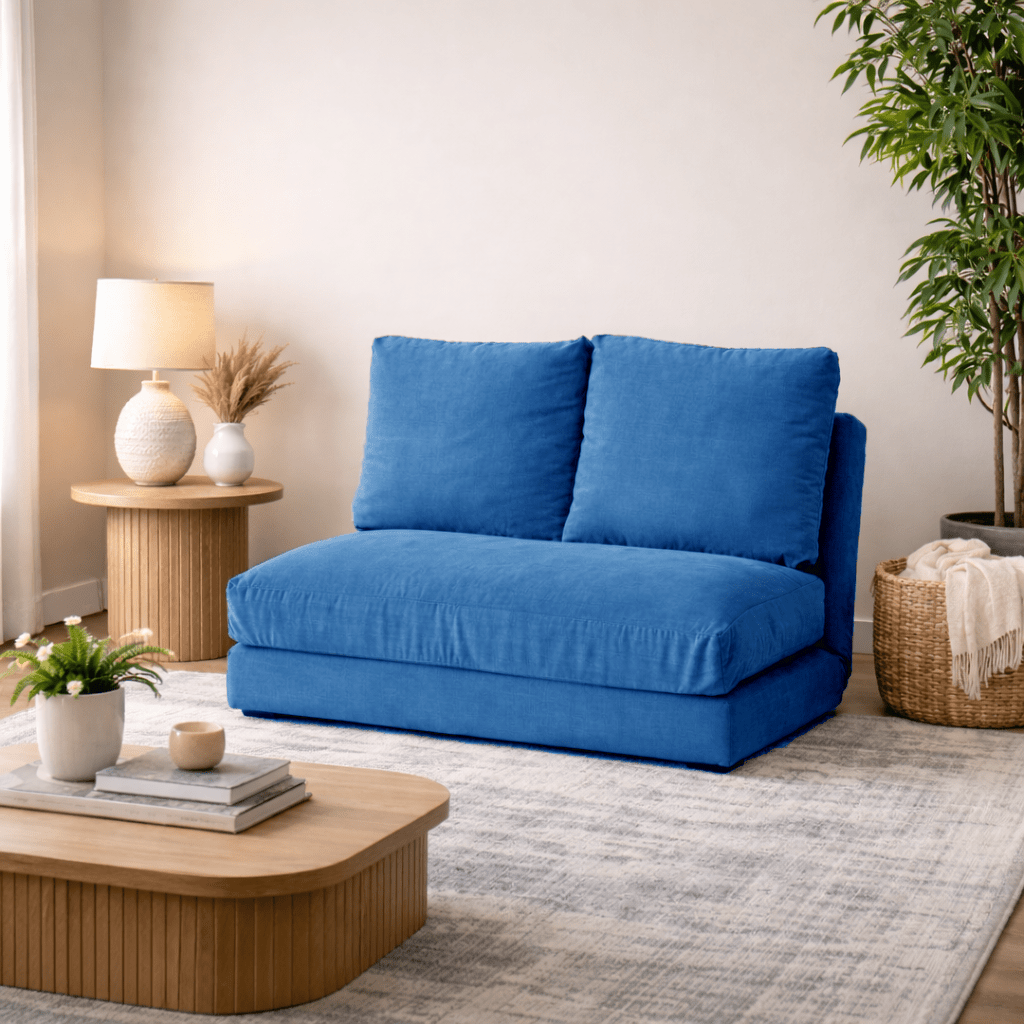 Sofá cama Japandi tela azul 2 plazas - respaldo bajo y regulable - Taida