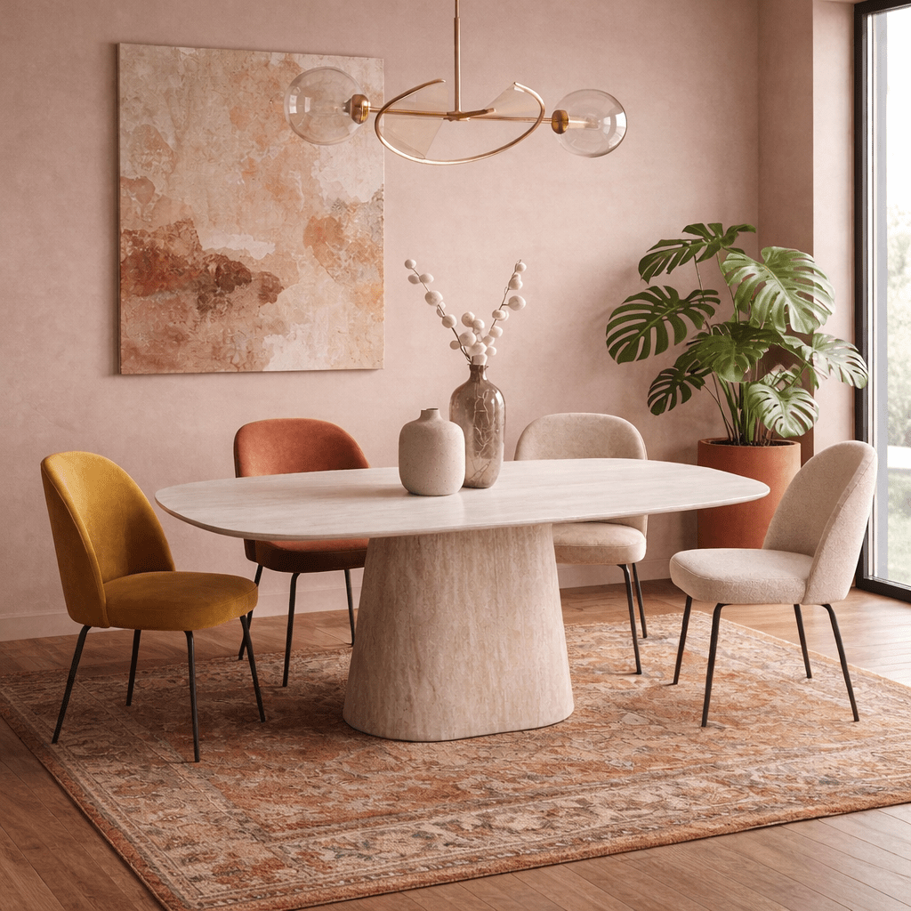 Mesa de comedor de travertino con aspecto de piedra sinterizada Lea 180x90 cm - Ovalada danesa