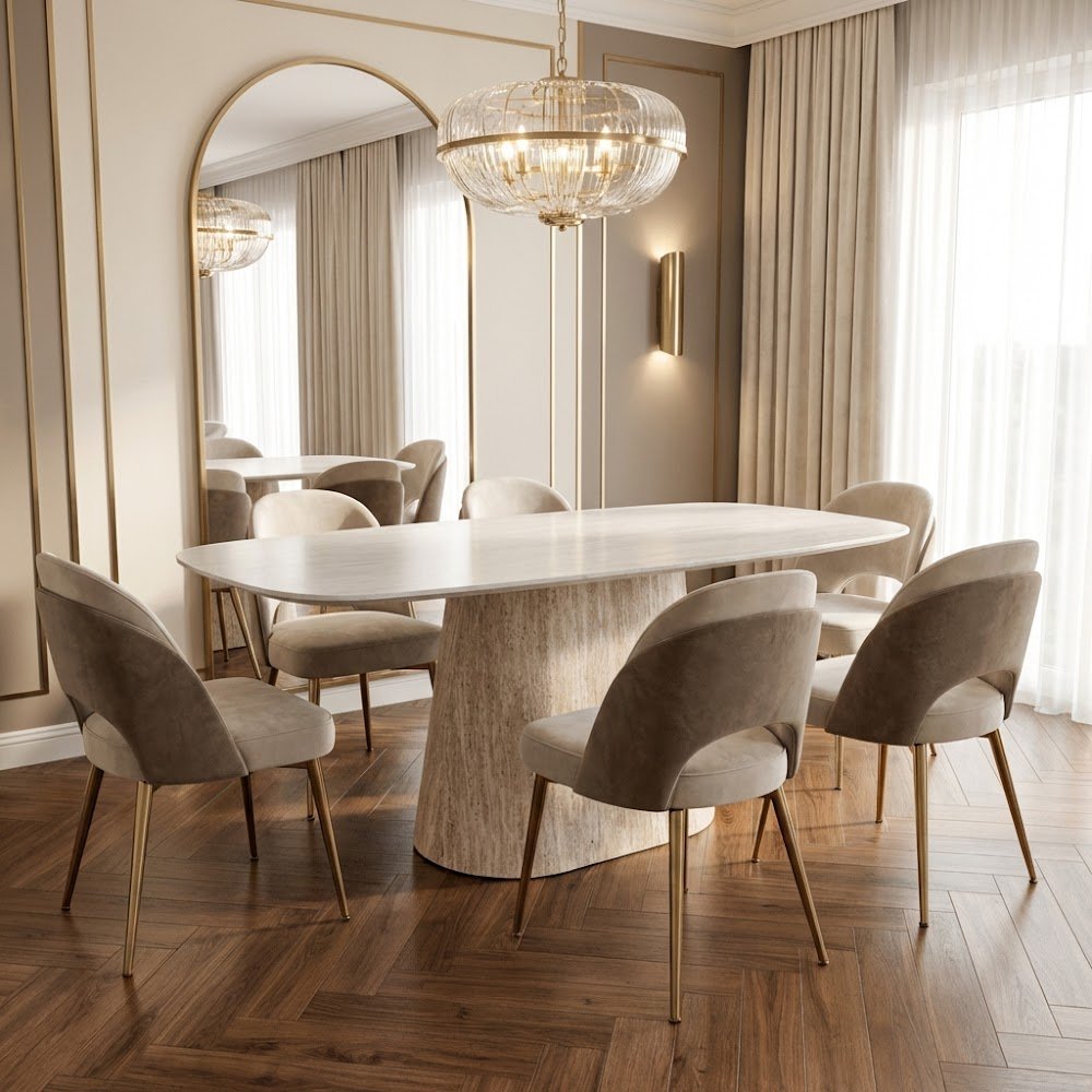Mesa de comedor de travertino con aspecto de piedra sinterizada Lea 180x90 cm - Ovalada danesa