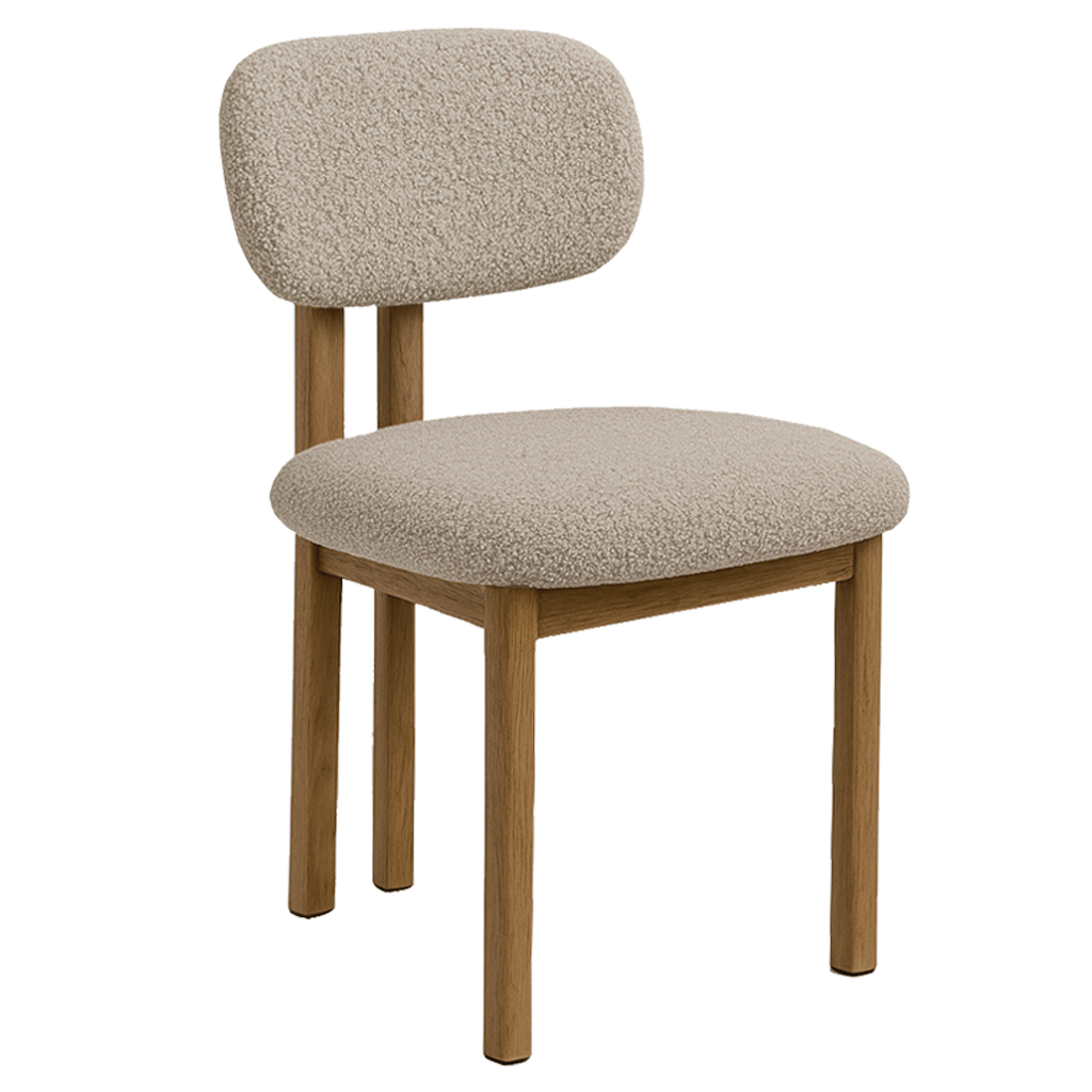 Silla de comedor Japandi Miyo Bouclé color arena - Estructura de aspecto roble