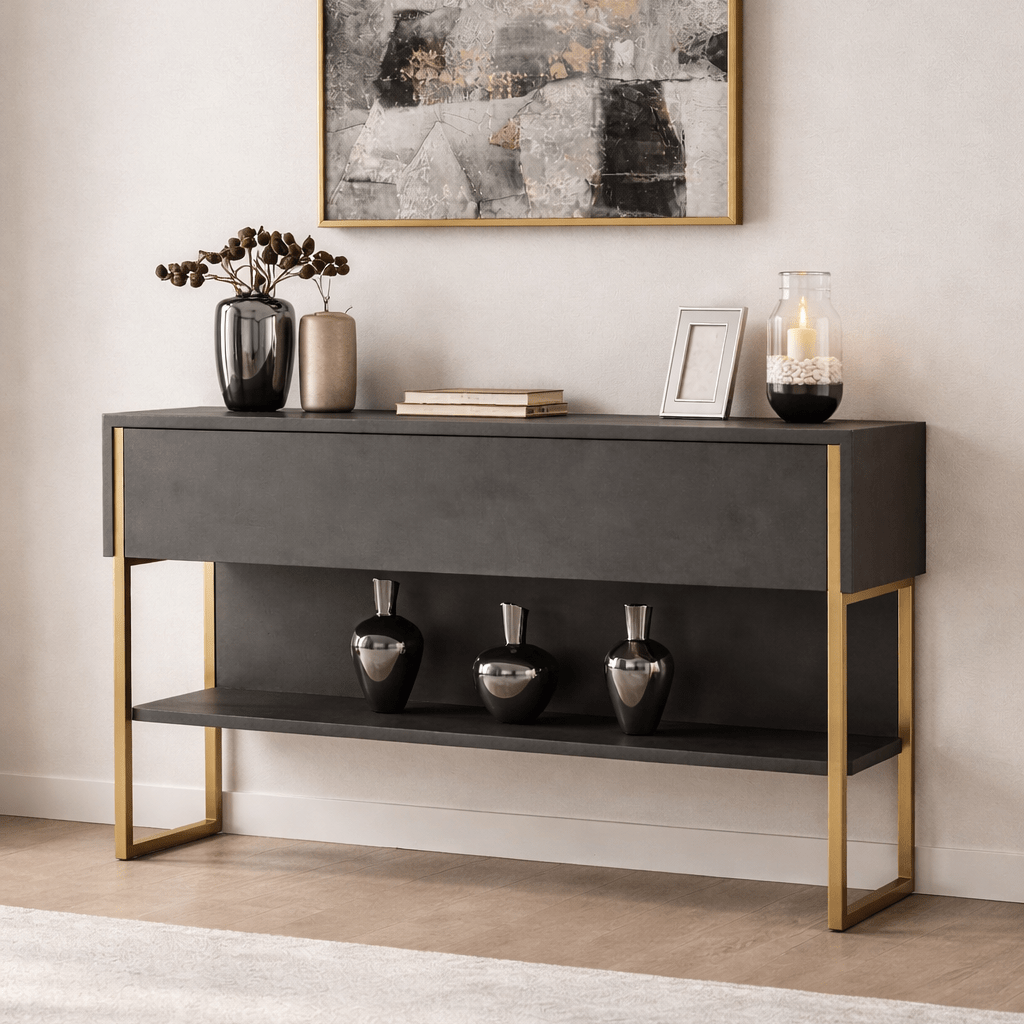 Moderno Aparador Antracita Lujo 120x80x30 - Marco Dorado - Un Compartimento