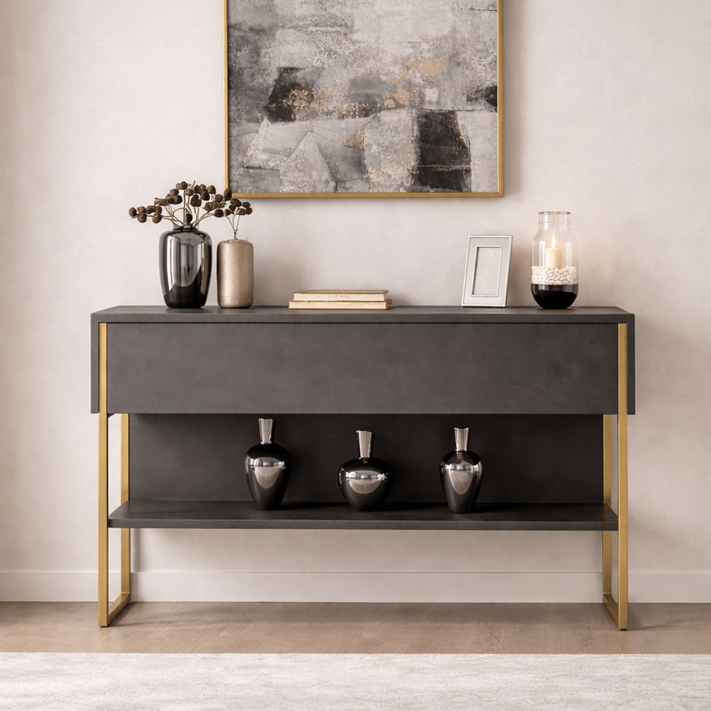 Moderno Aparador Antracita Lujo 120x80x30 - Marco Dorado - Un Compartimento