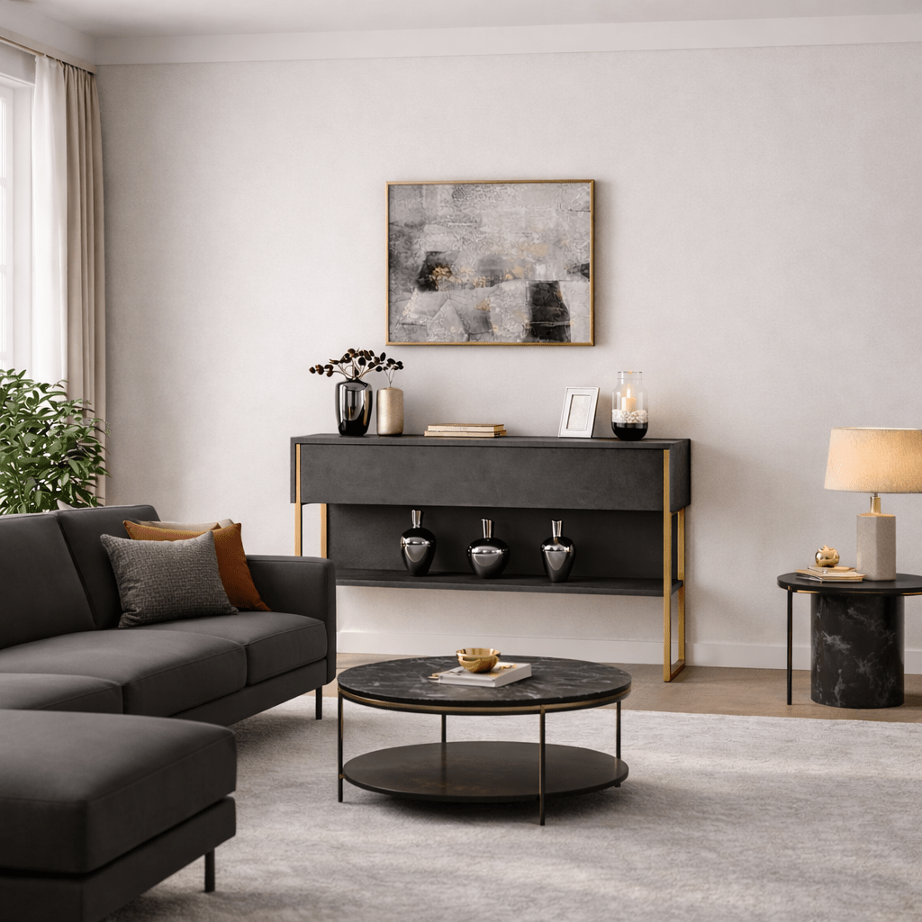 Moderno Aparador Antracita Lujo 120x80x30 - Marco Dorado - Un Compartimento