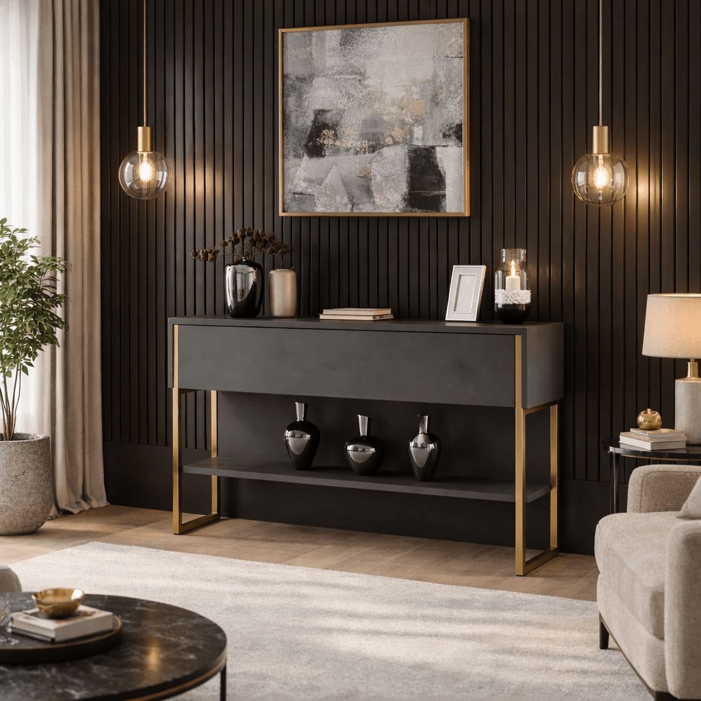 Moderno Aparador Antracita Lujo 120x80x30 - Marco Dorado - Un Compartimento