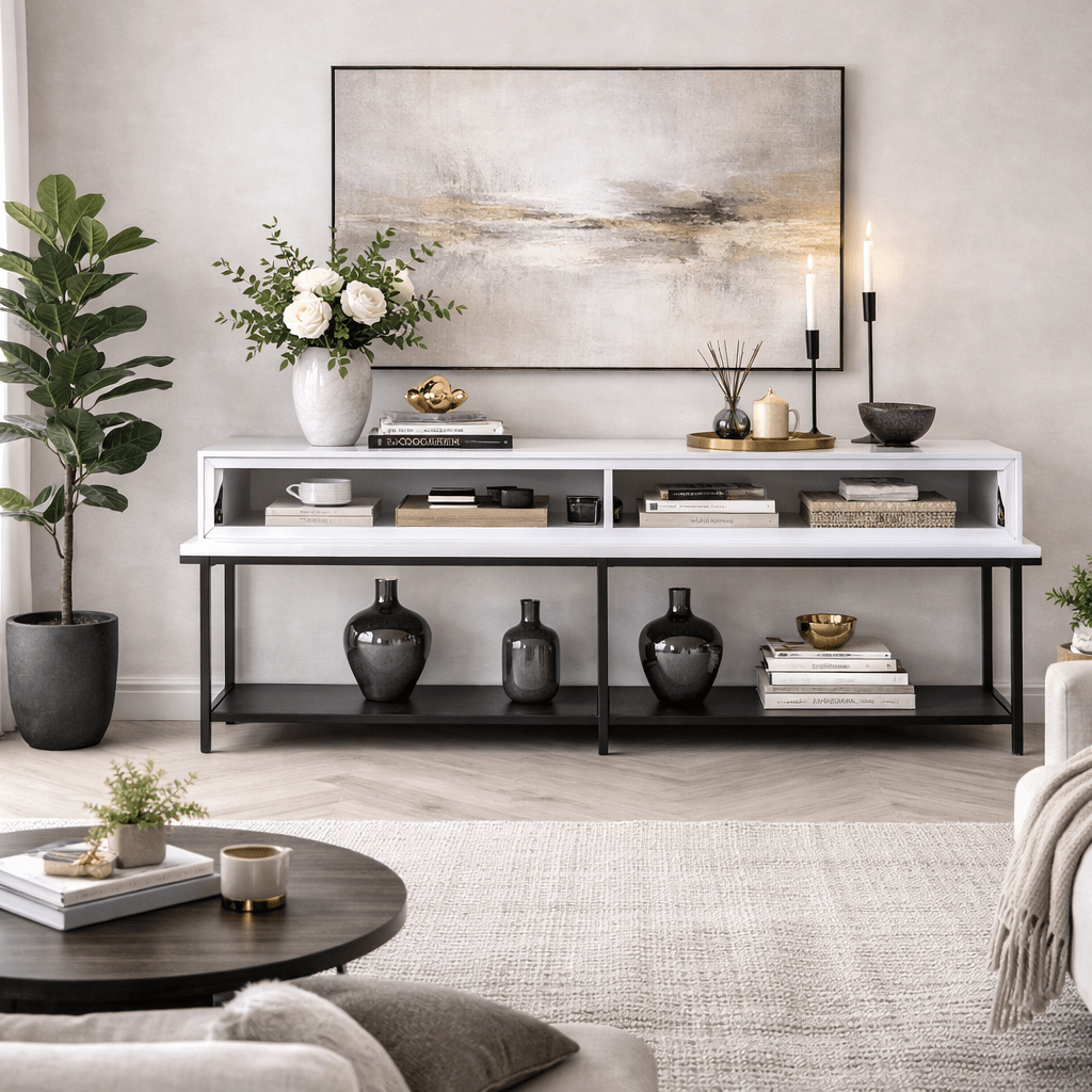 Dressoirs - Modern Dressoir Wit Lord 150x30x80 - Zwart Frame - Twee Vakken - Dimehouse