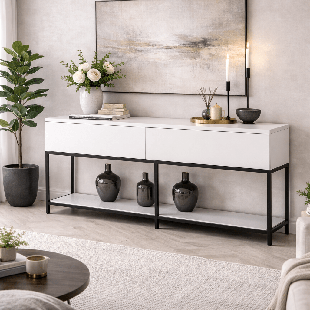Dressoirs - Modern Dressoir Wit Lord 150x30x80 - Zwart Frame - Twee Vakken - Dimehouse