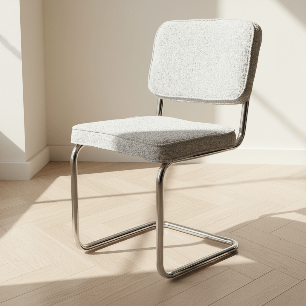 Silla de comedor moderna en tela bouclé gris - Estructura cromada - Sin reposabrazos