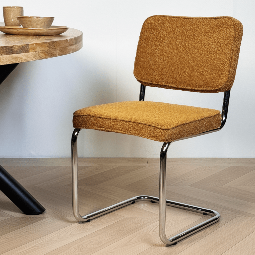 Silla de Comedor Moderna de Tela Bouclé Cobre Sway - Estructura Cromada - Sin Reposabrazos
