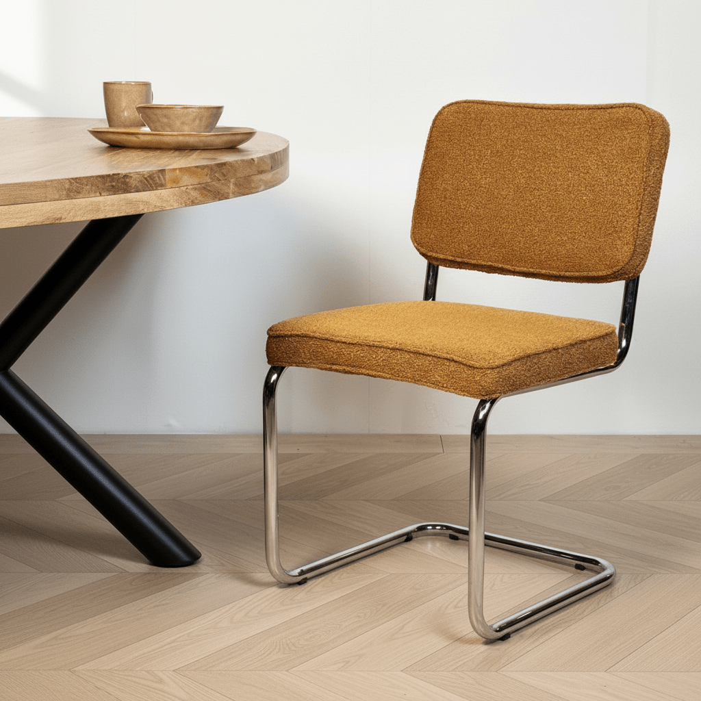 Silla de Comedor Moderna de Tela Bouclé Cobre Sway - Estructura Cromada - Sin Reposabrazos