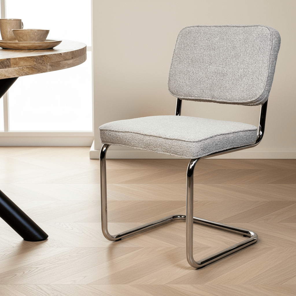 Silla de comedor moderna de tela bouclé color arena - Estructura cromada - Sin reposabrazos en un interior moderno