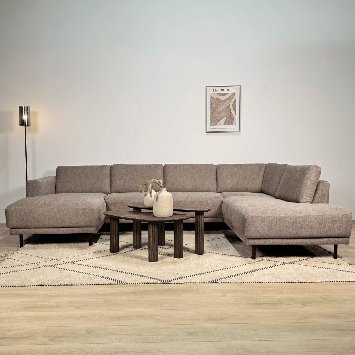 Moderne U-Bank Hoekbank Rechts Taupe Stof Aniko 310x197x78 cm