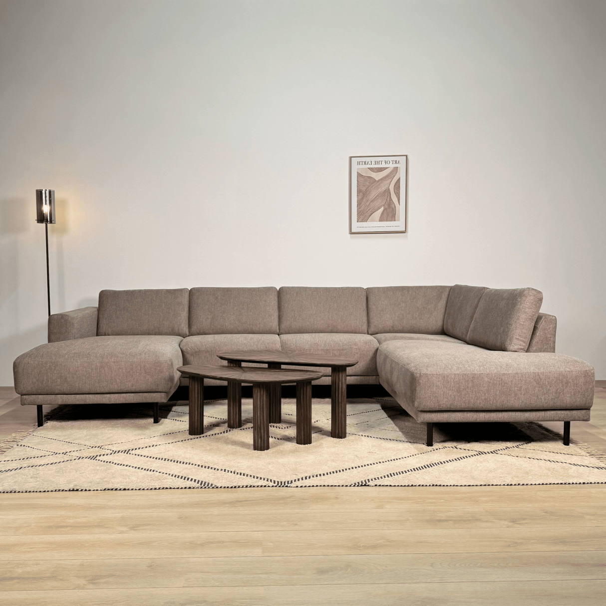 Moderne U-Bank Hoekbank Rechts Taupe Stof Aniko 310x197x78 cm