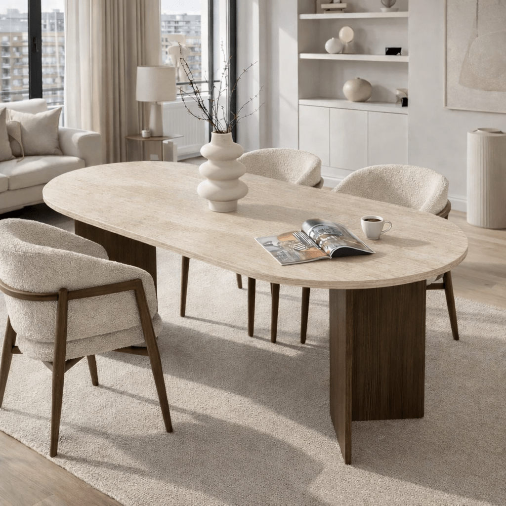 Mesa de comedor ovalada con tapa de travertino - melamina nogal - 180x89,5x75 cm - Sota