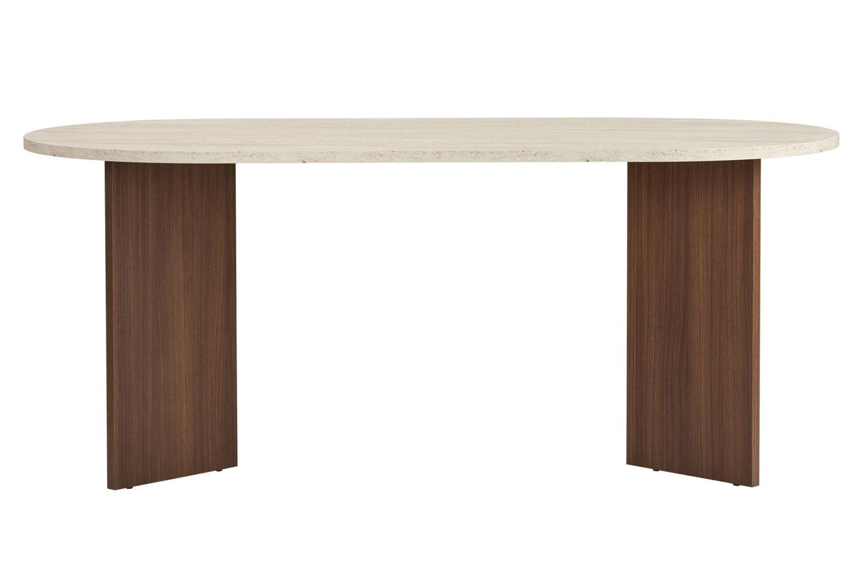Mesa de comedor ovalada con tapa de travertino - melamina nogal - 180x89,5x75 cm - Sota
