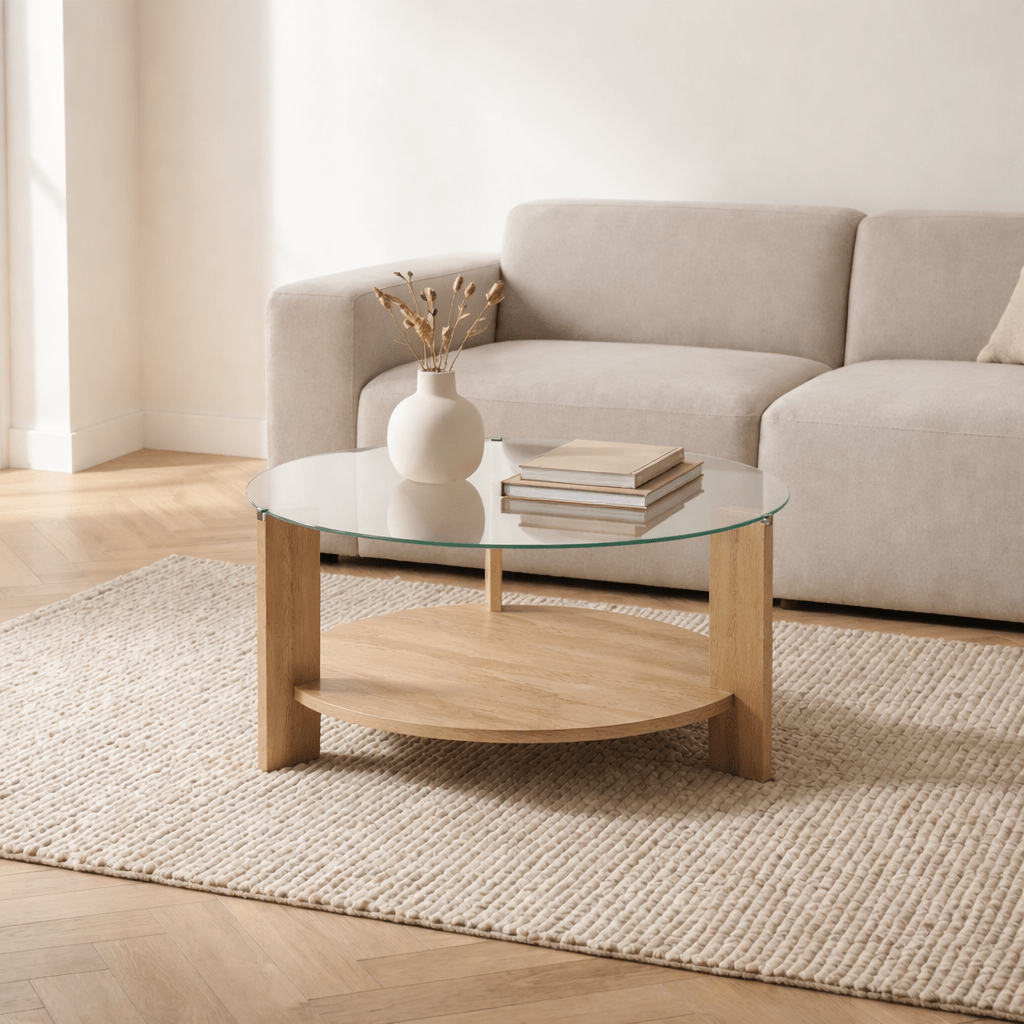 Salontafels - Ronde salontafel eiken melamine transparant glas Ø75 cm - Cairo - Dimehouse