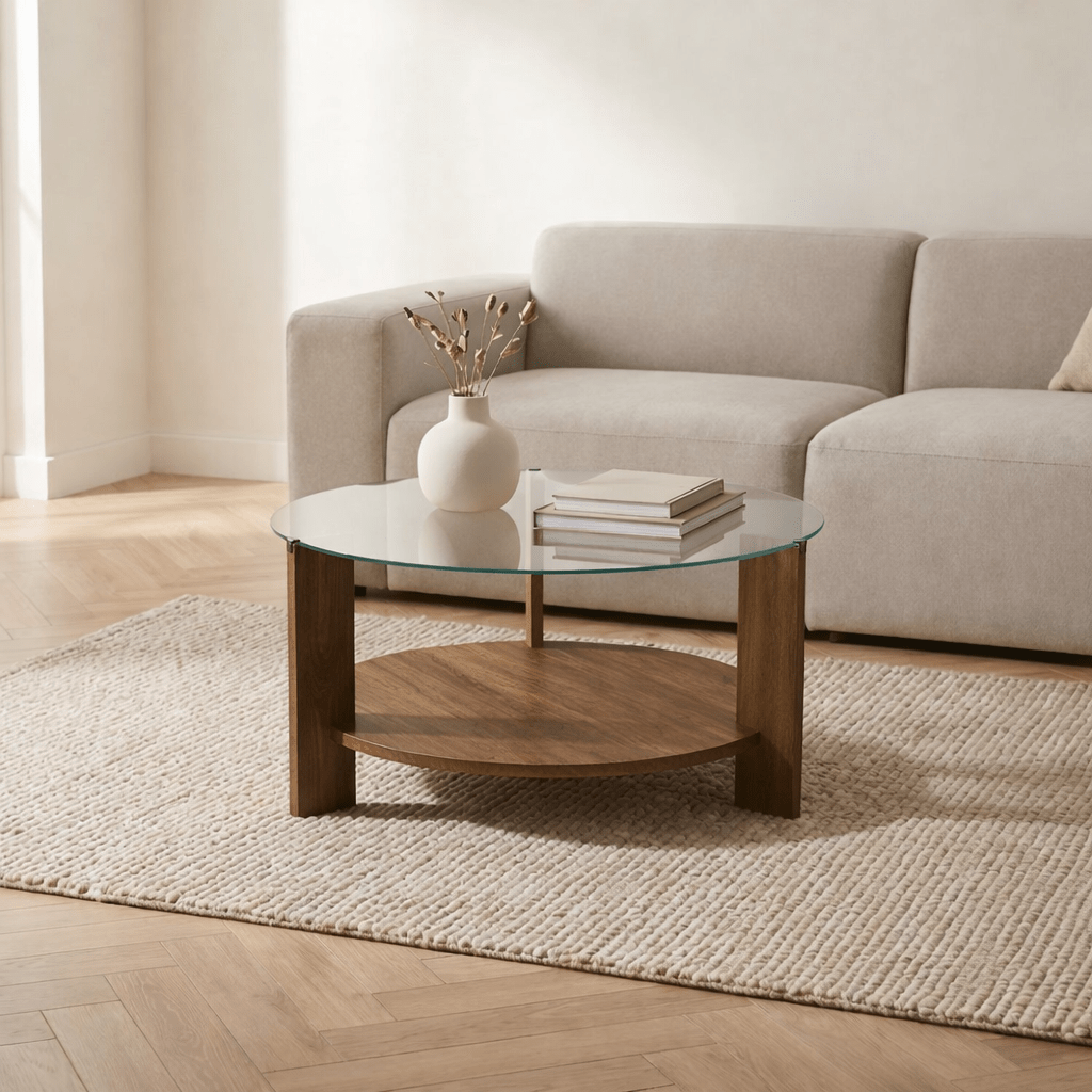 Salontafels - Ronde salontafel walnoot melamine transparant glas Ø75 cm - Cairo - Dimehouse