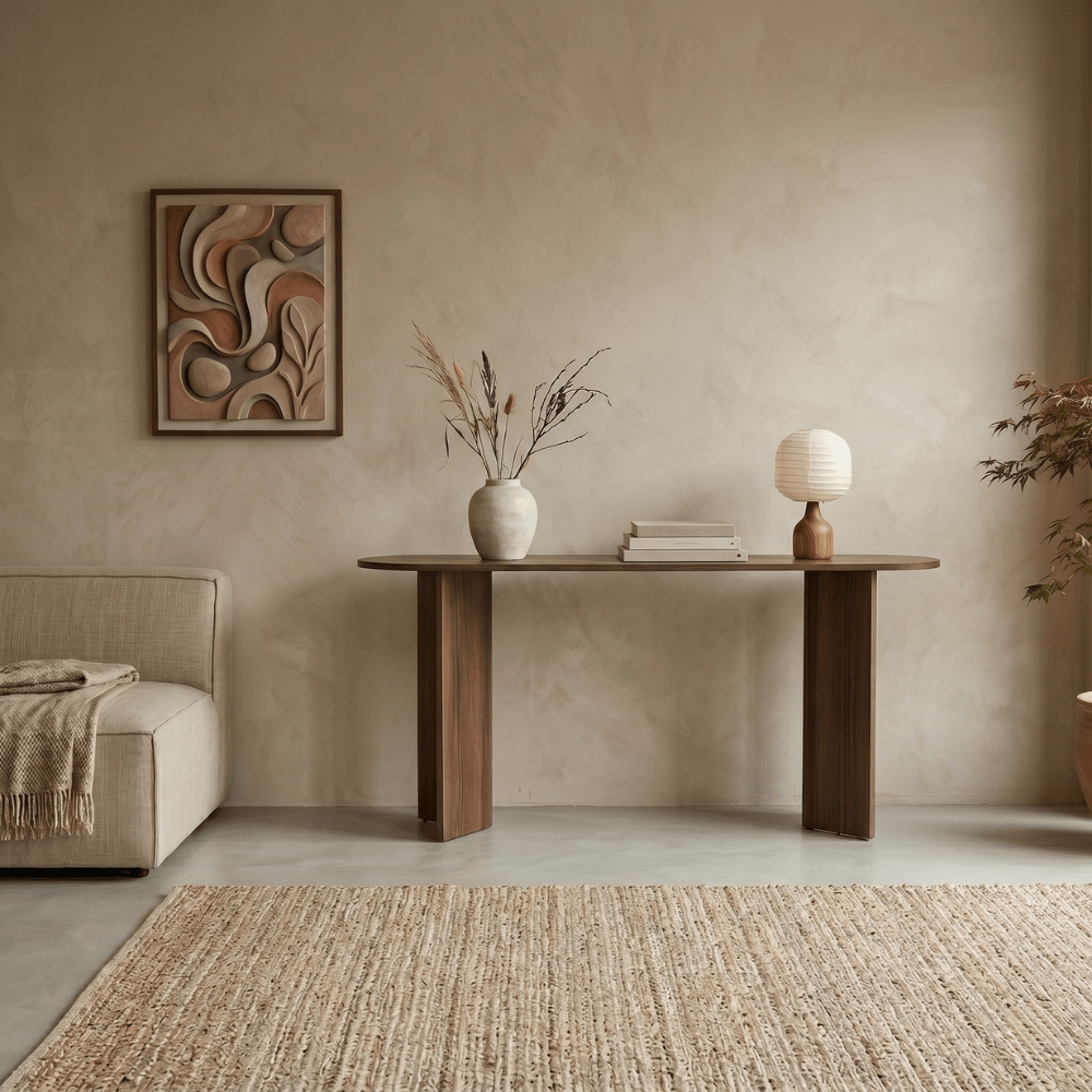 Mesa auxiliar ovalada de melamina nogal - Japandi - 150x35 cm - Sota