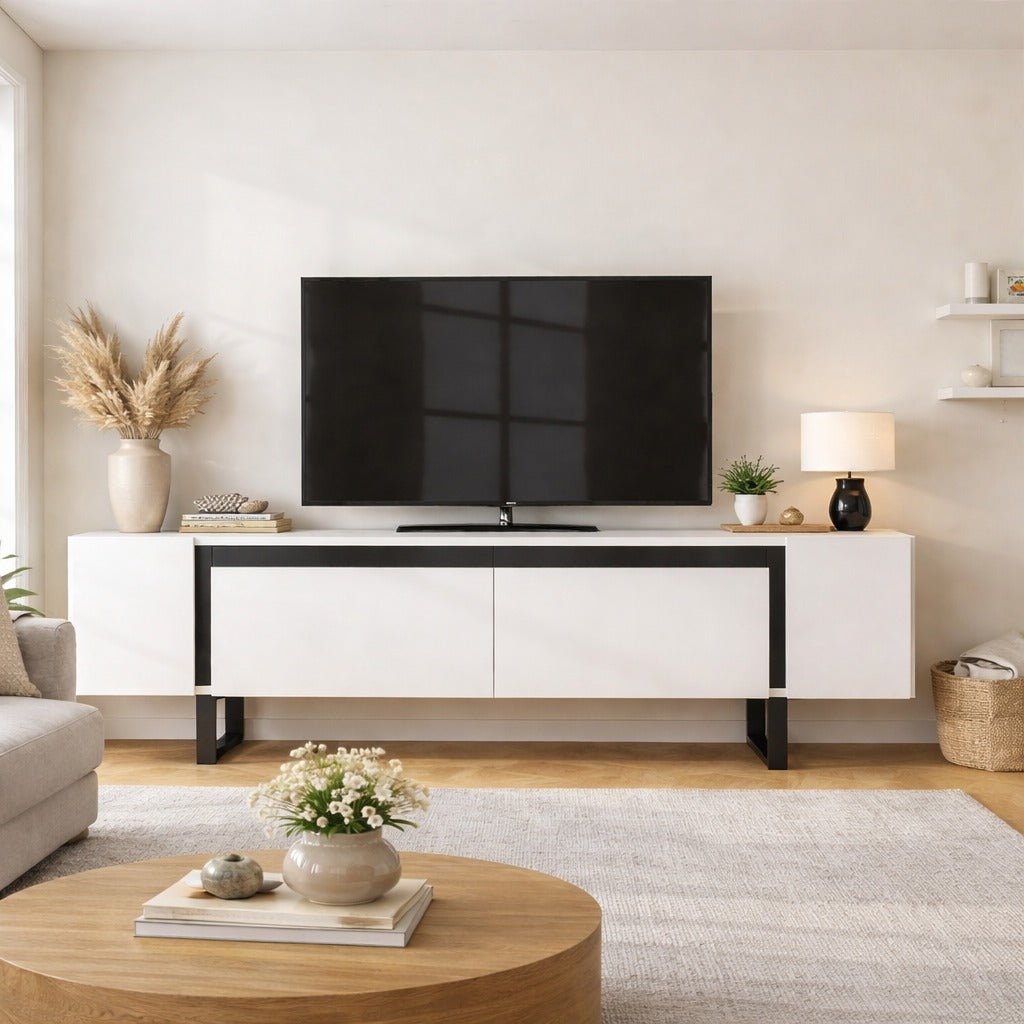 TV Meubels - TV Meubel Wit Yildiz 180x50x30 - Zwart Frame - Dimehouse