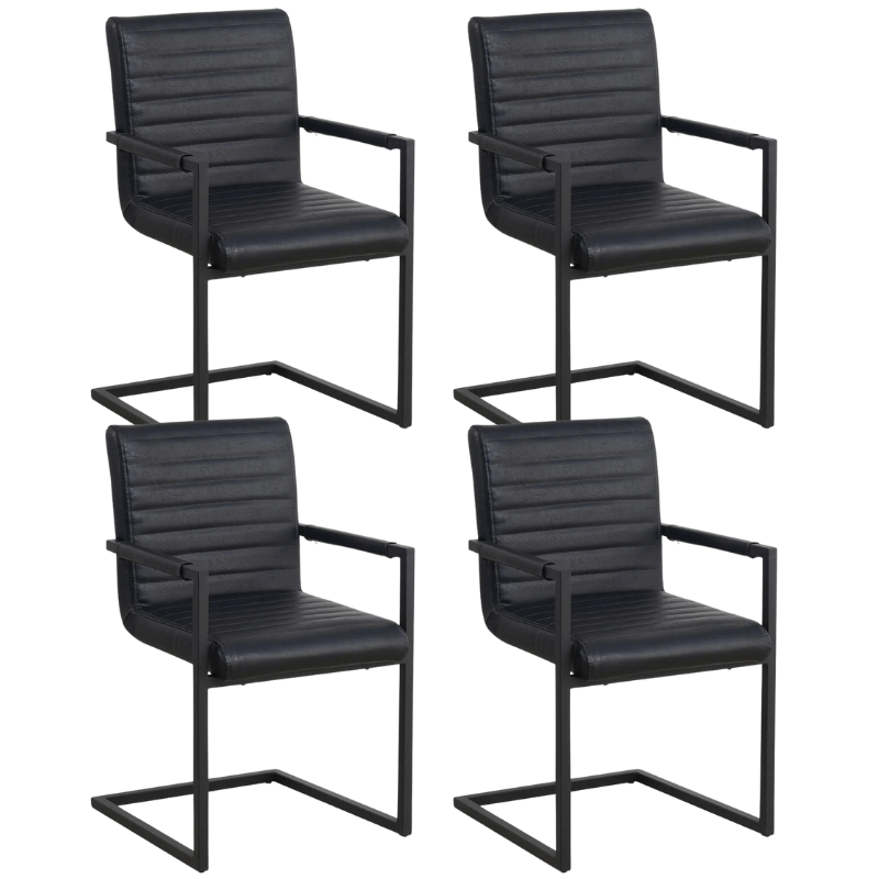 Conjunto de 4 Sillas de Comedor Kuba Industrial Negro - Cuero Sintético - Con Reposabrazos