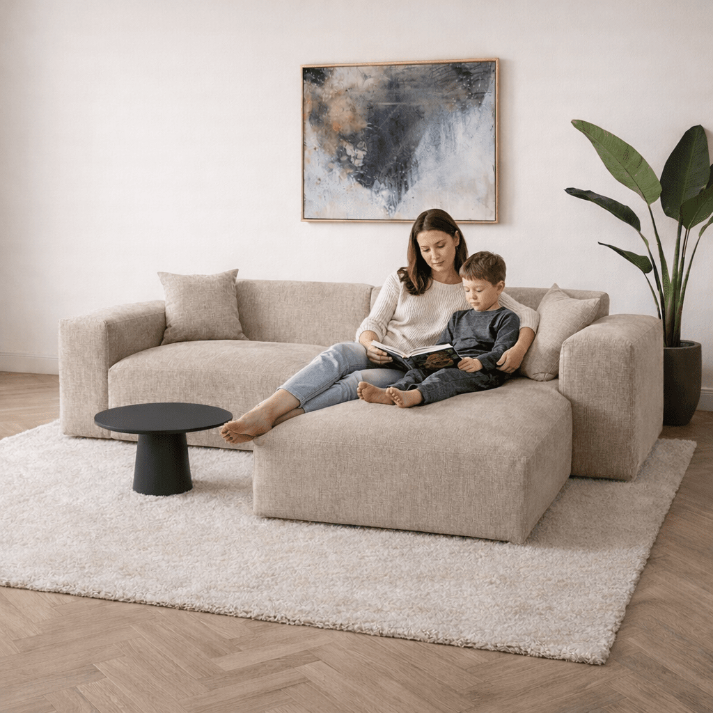 Hoekbank beige chenille Wayne 264 cm - hoek links en rechts monteerbaar