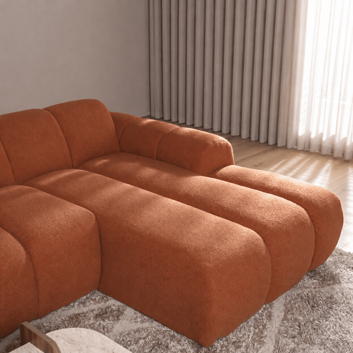 Sofás-Sofá rinconera con salón tejido bouclé cobre - rayas - derecha - Brix-Dimehouse