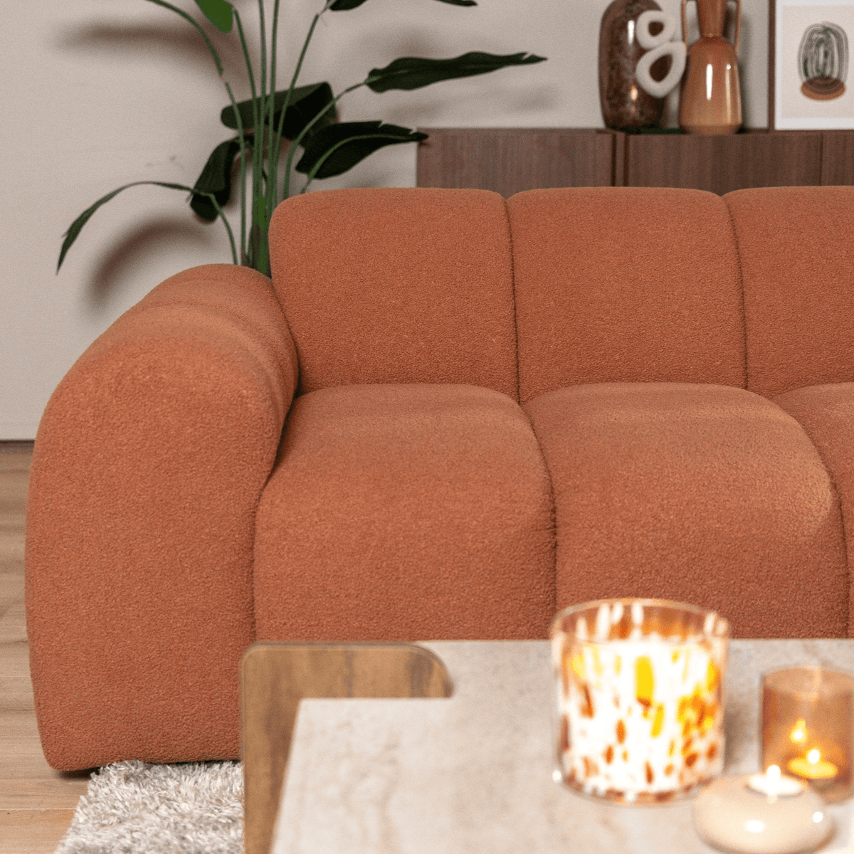 Sofás-Sofá rinconera con salón tejido bouclé cobre - rayas - derecha - Brix-Dimehouse
