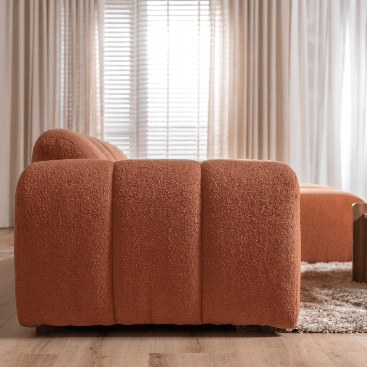 Sofás-Sofá rinconera con salón tejido bouclé cobre - rayas - derecha - Brix-Dimehouse