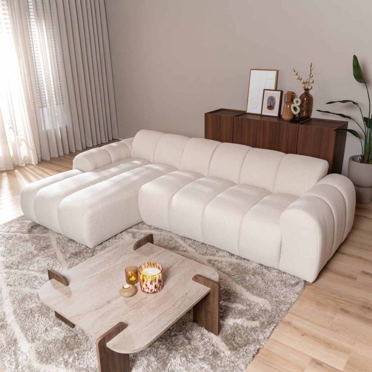 Sofás-Sofá rinconera con salón tejido textura terciopelo beige - rayas - izquierda - Brix-Dimehouse