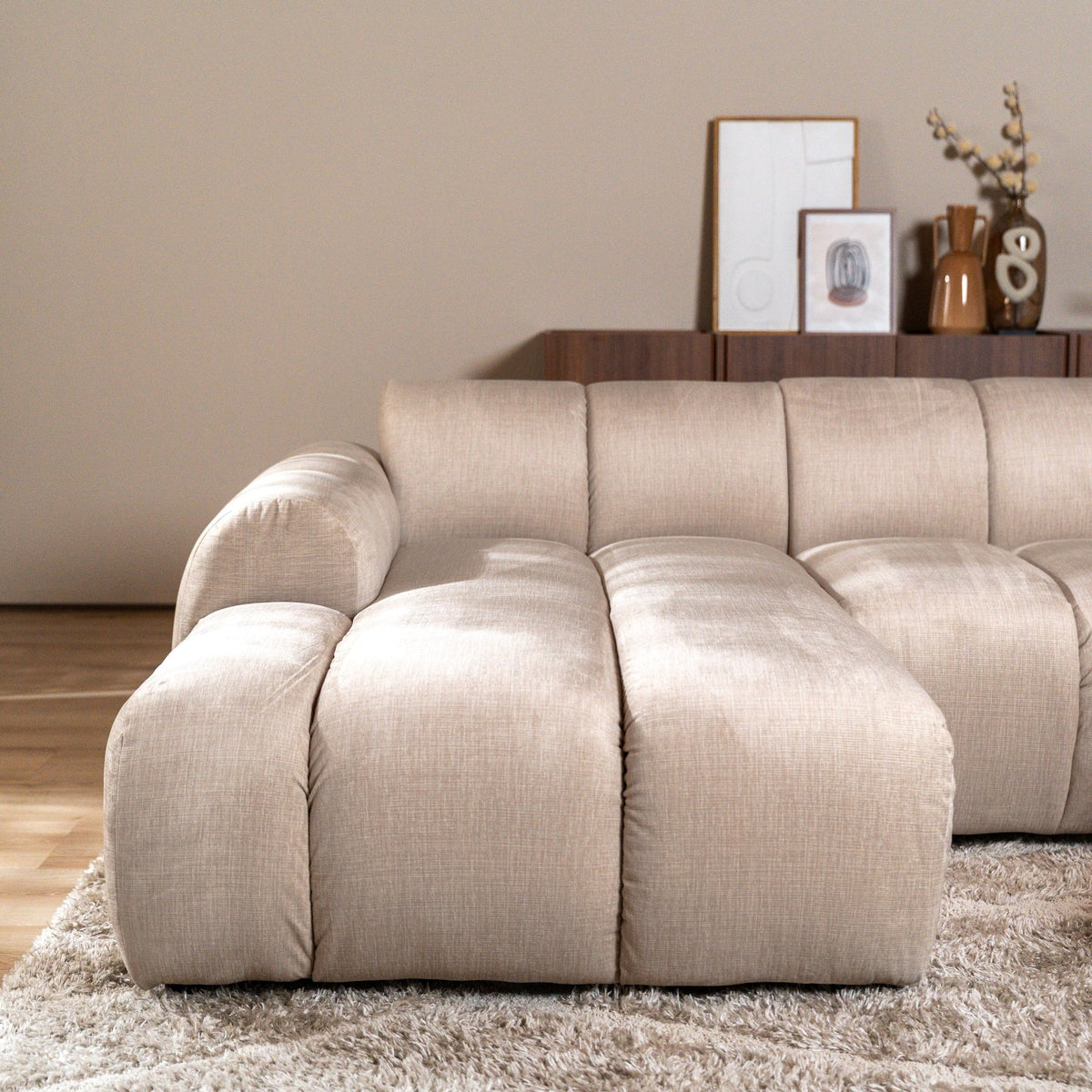 Sofás-Sofá rinconera con salón tejido textura terciopelo beige - rayas - izquierda - Brix-Dimehouse