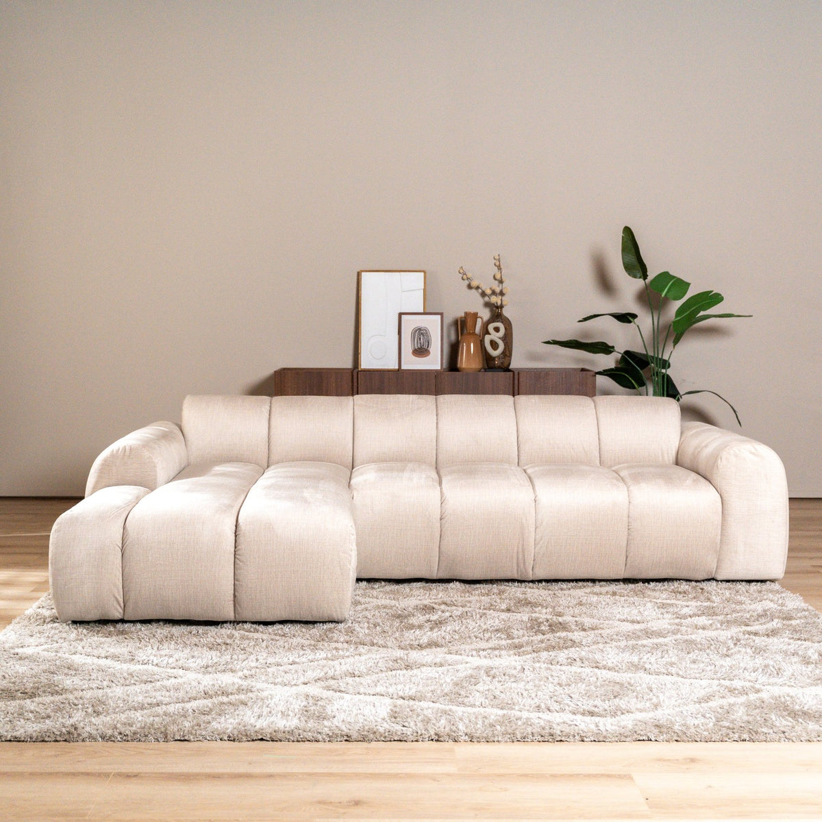 Sofás-Sofá rinconera con salón tejido textura terciopelo beige - rayas - izquierda - Brix-Dimehouse