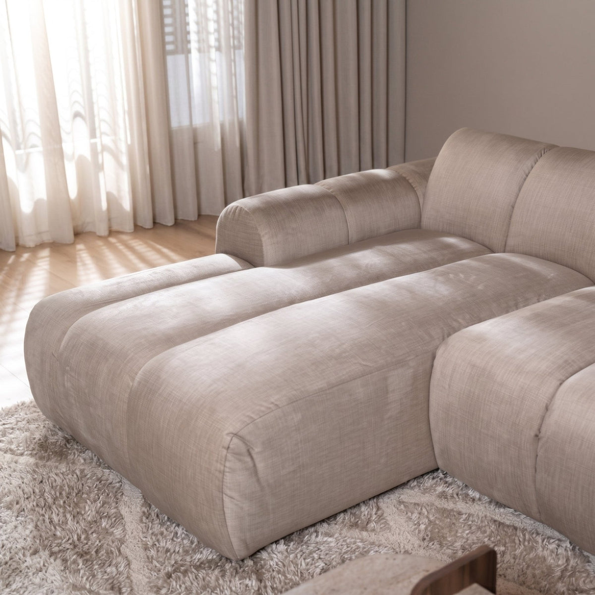 Sofás-Sofá rinconera con salón tejido textura terciopelo beige - rayas - izquierda - Brix-Dimehouse