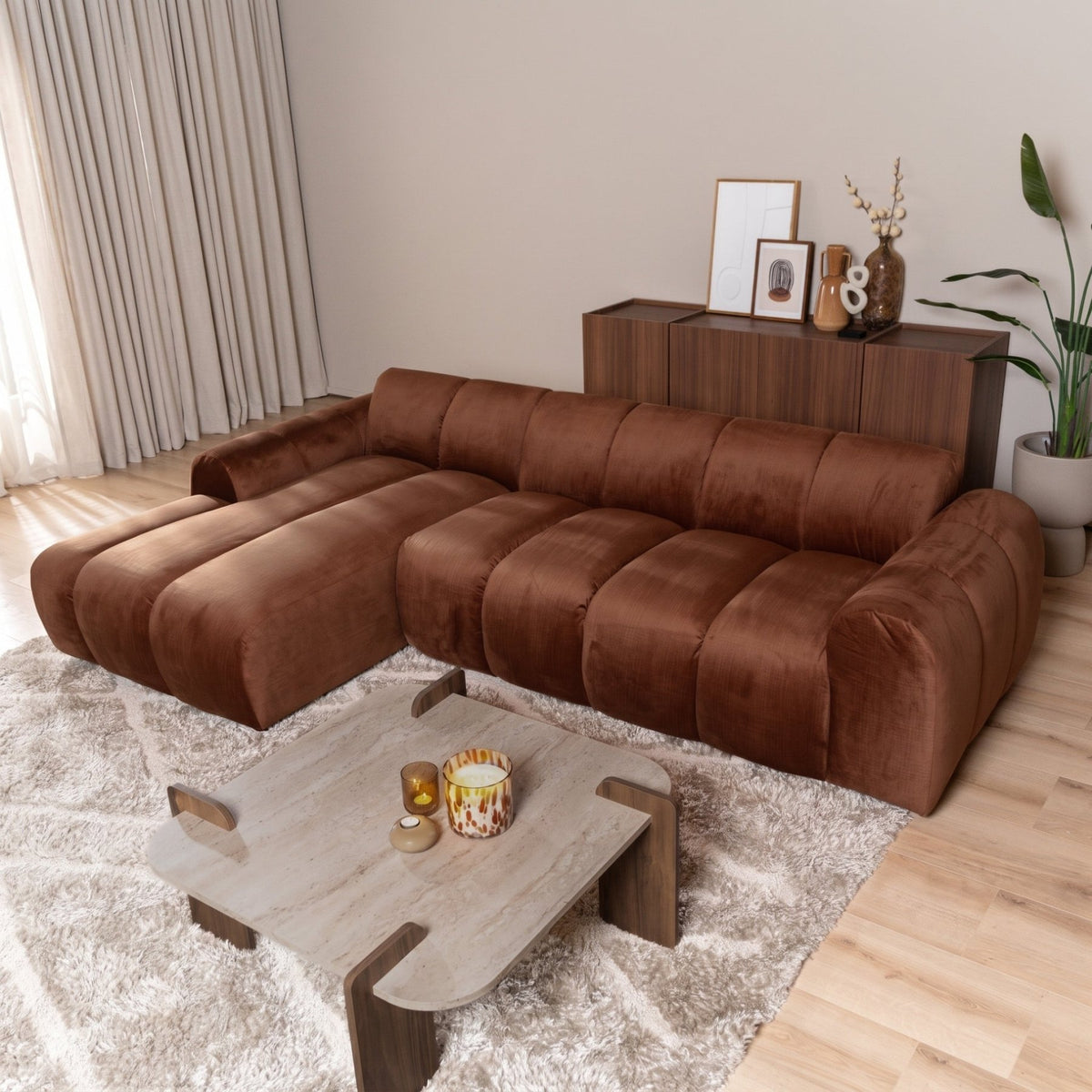 Sofás-Sofá rinconera con salón tejido textura terciopelo cobre - rayas - izquierda - Brix -Dimehouse