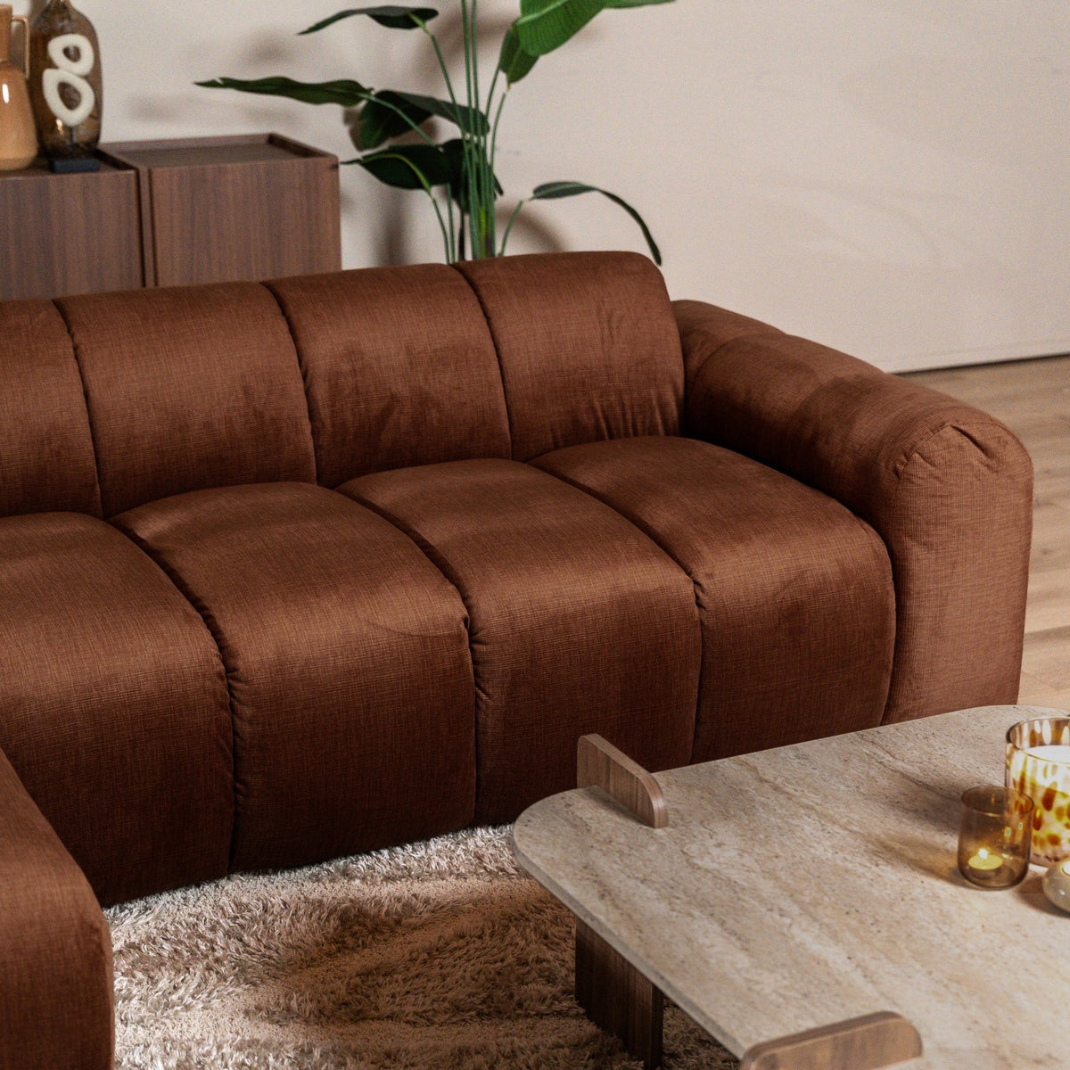 Sofás-Sofá rinconera con salón tejido textura terciopelo cobre - rayas - izquierda - Brix -Dimehouse