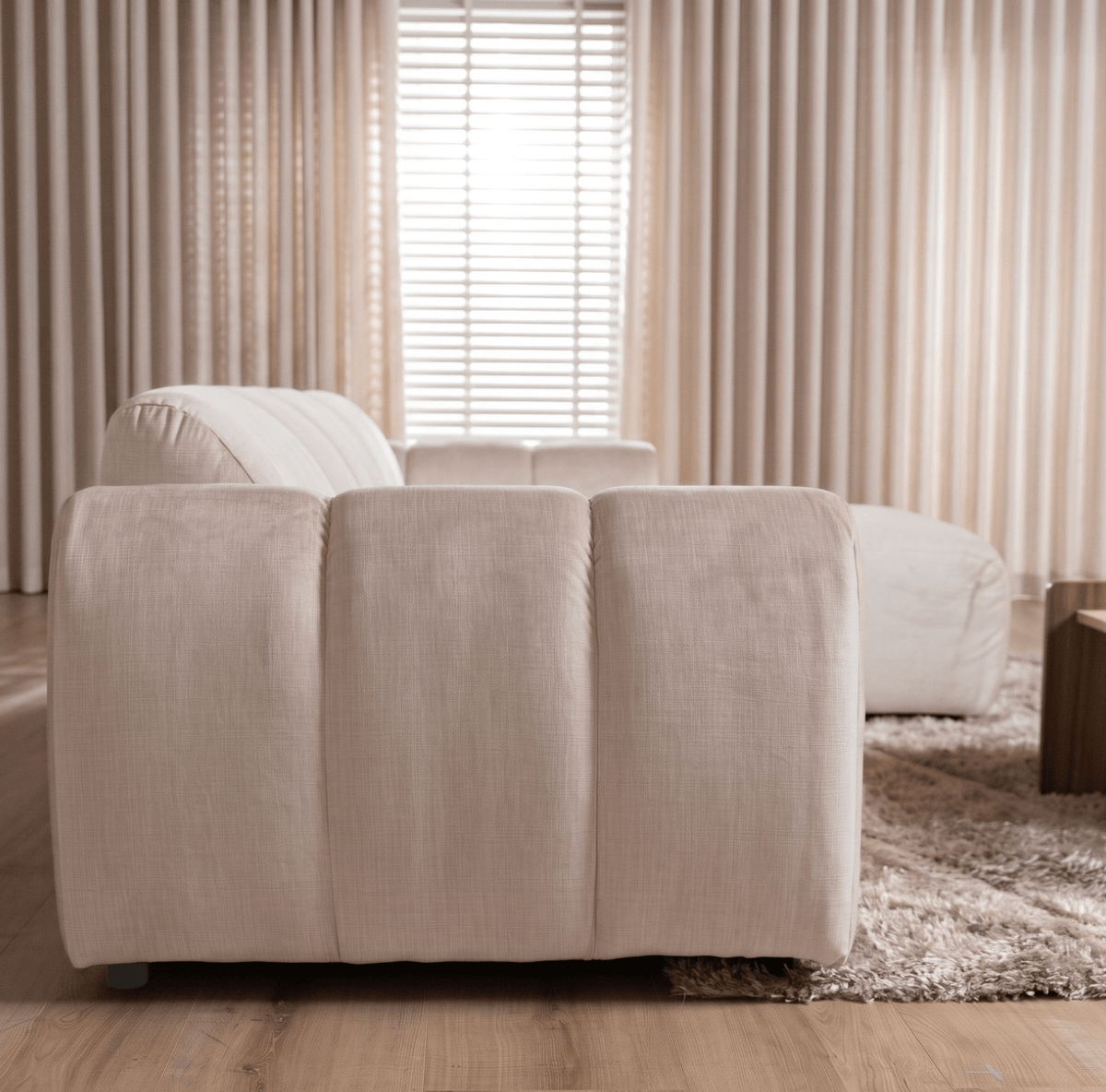 Sofás-Sofá rinconera con salón tejido textura terciopelo beige - rayas - derecha - Brix-Dimehouse