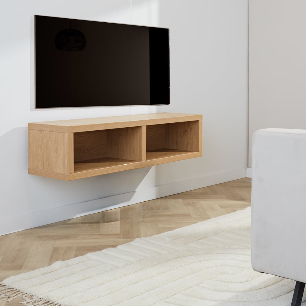 Mueble TV Bernie Roble Rústico Dimehouse Vista frontal diagonal roble L x An x Al 126x36x31 Melamina Foto atmosférica