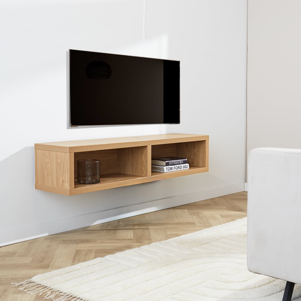 Mueble TV Bernie Roble Rústico Dimehouse Vista frontal diagonal roble L x An x Al 146x36x31 Melamina Foto atmosférica