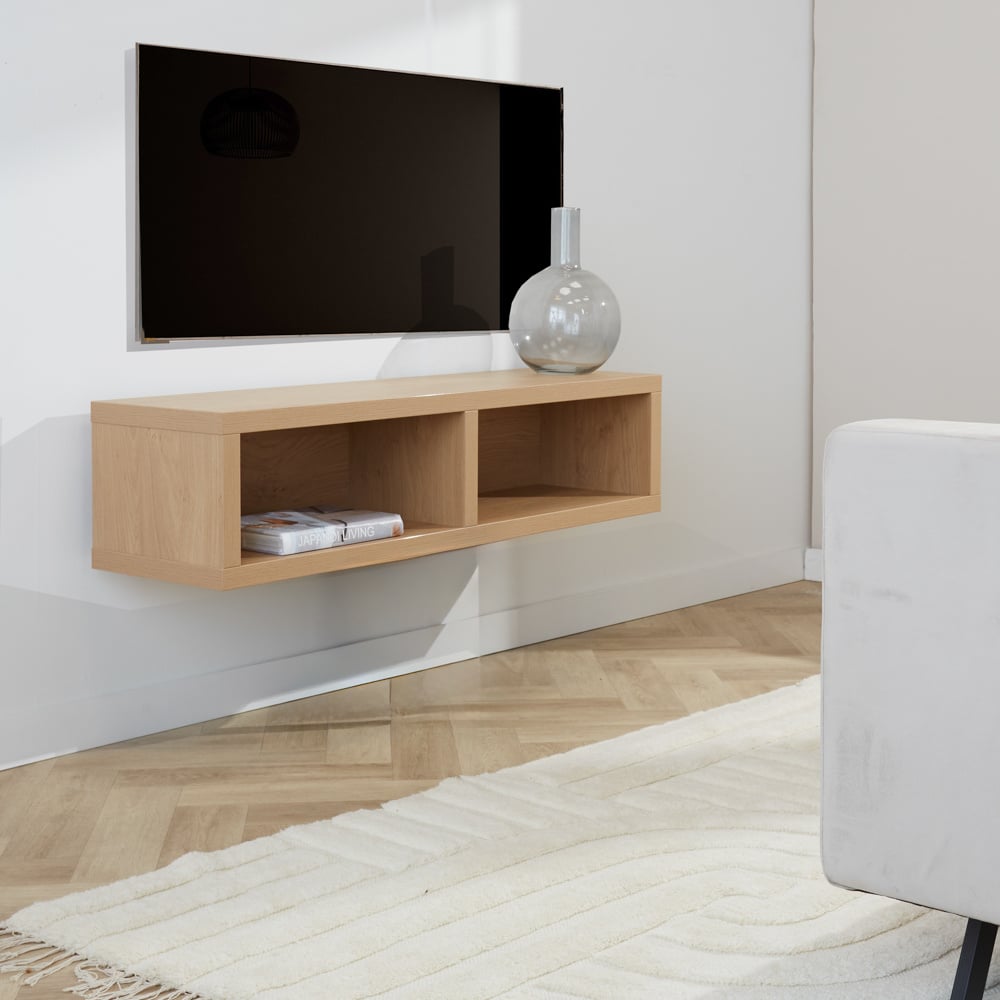 Mueble TV Bernie Roble Rústico Dimehouse Vista frontal diagonal roble L x An x Al 126x36x31 Melamina Foto atmosférica