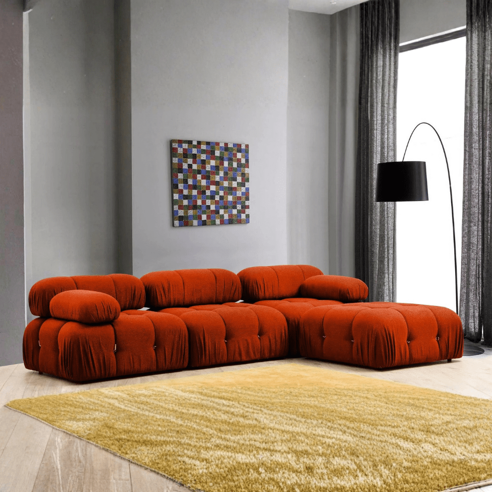Banken - Modulaire XXL hoekbank met hocker Oranje rood Stof Bubble - Dimehouse