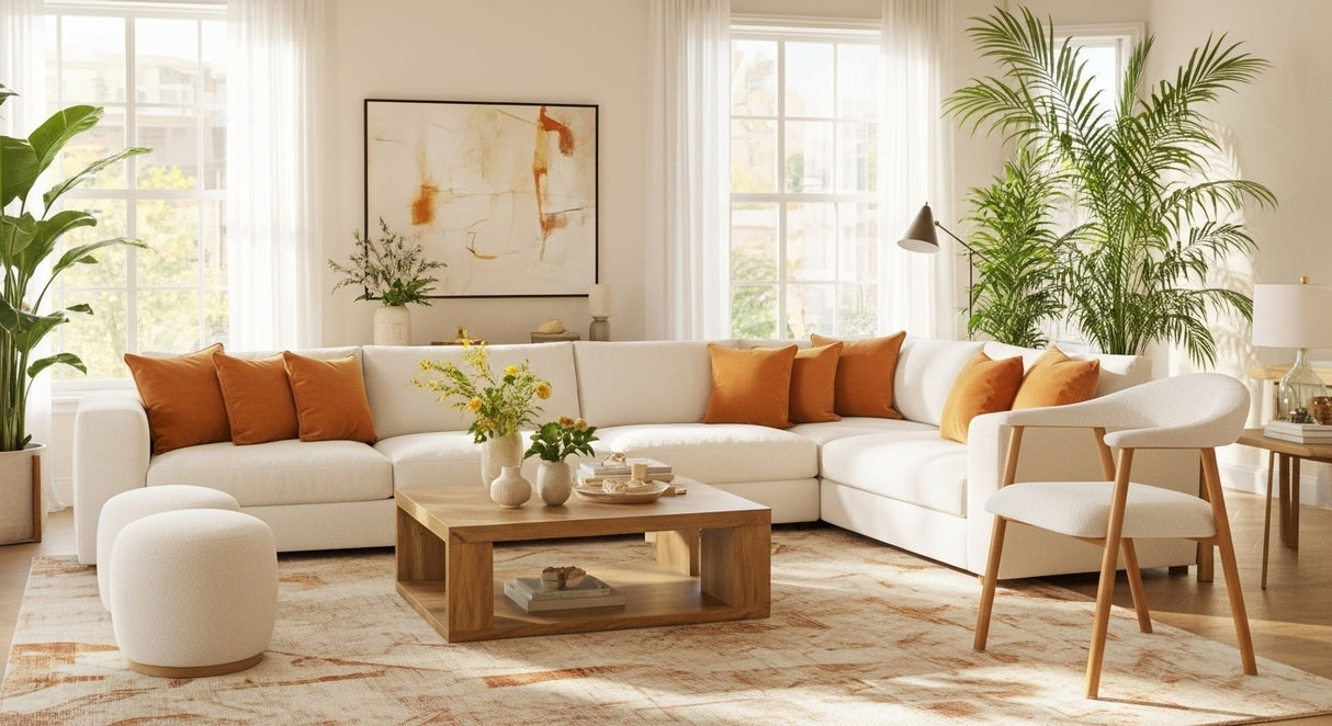 Silla de comedor Japandi color arena Bouclé Suki - Marco de aspecto roble - Con reposabrazos 