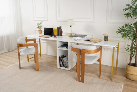 Escritorio de estudio Melamina 240x60 cm Escritorio de estudio Twin blanco y dorado Oro Blanco
