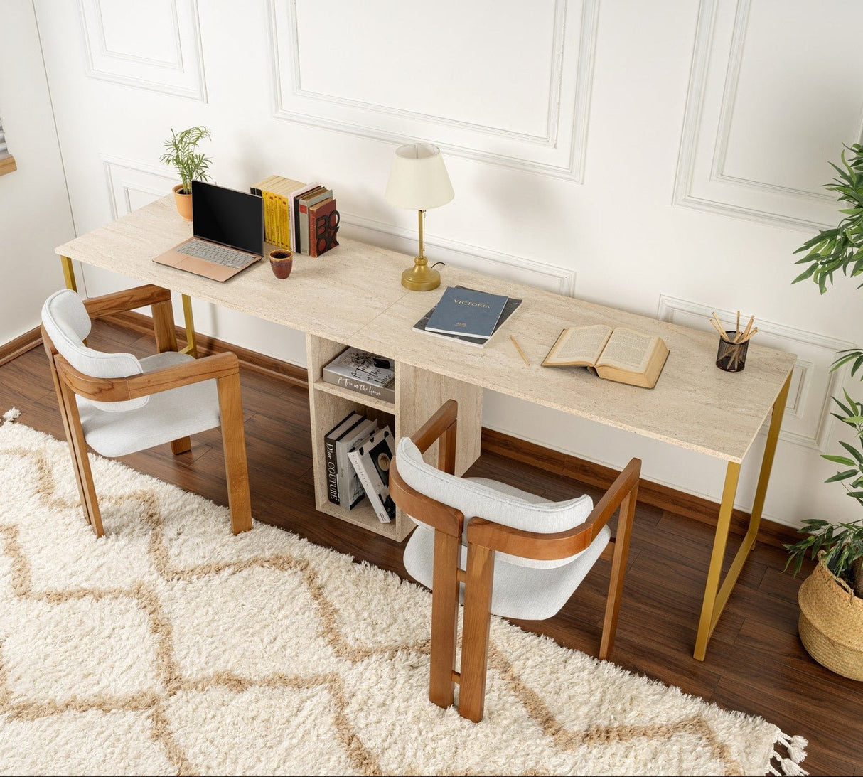 Bureaus - Studiebureau Twin Travertin Goud 240x60 cm Melamine - Dimehouse
