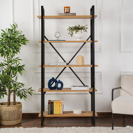Boekenkasten - Industriële boekenkast dennenhout melamine Ely - zwart frame - 180x90 cm - Dimehouse