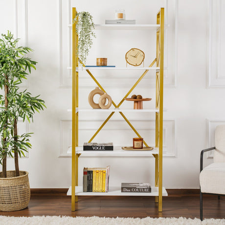 Librería moderna de melamina blanca Ely - Estructura dorada - 180x90 cm
