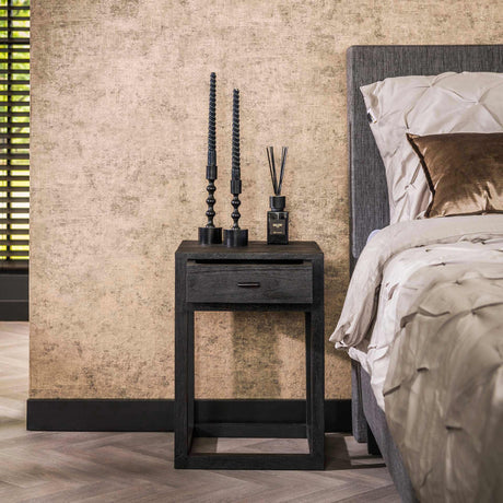 Mesita de noche negra de madera de acacia Davey 1 cajón 